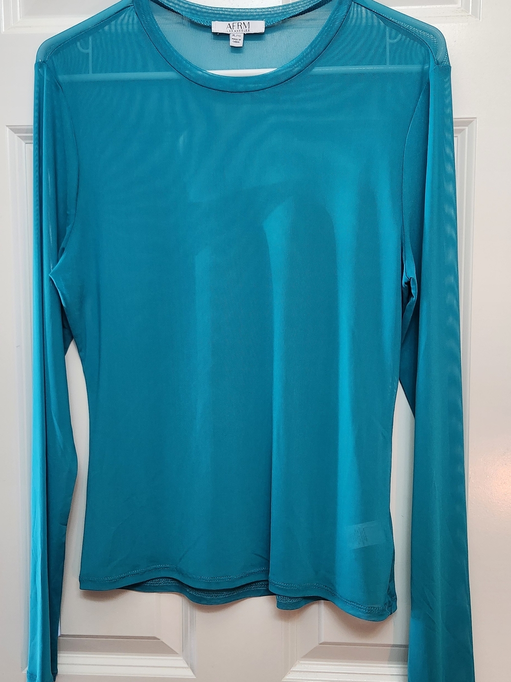 AFRM Women's SKY Blue BRIGHT Teal Long-Sleeve Sheer Top.XL/TG.